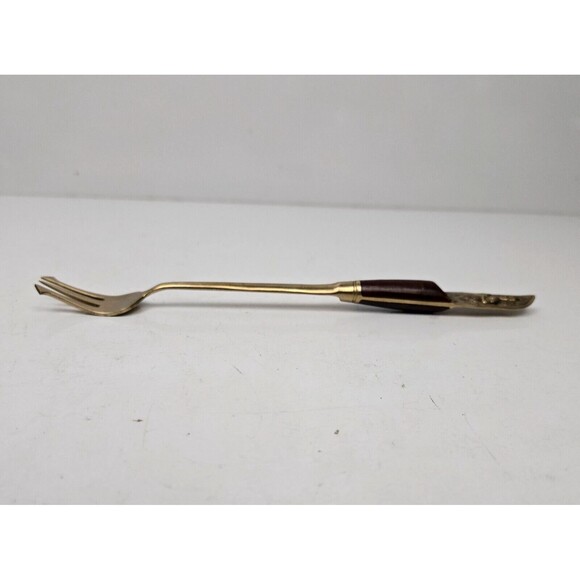 Vintage Olive Fork Buddha Bronze Brass Rosewood Siam Thailand 3 Tine 7.75” - Picture 5 of 7